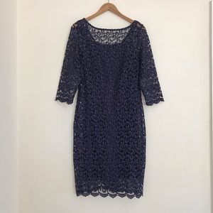 Marina metallic lace sheath cocktail dress knee length midi navy blue